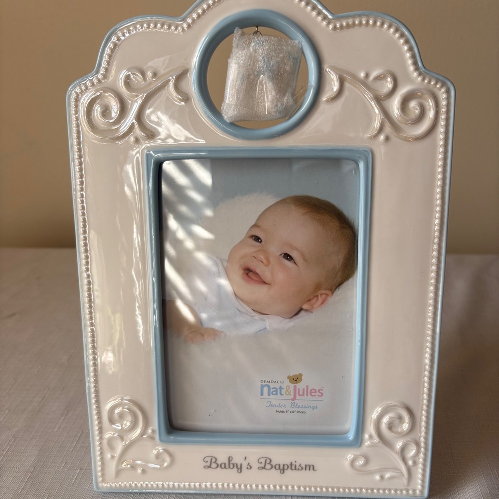 Demdaco Nat & Jules Baby's Baptism Ceramic Photo Frame 4x6 Blue Cream P00320